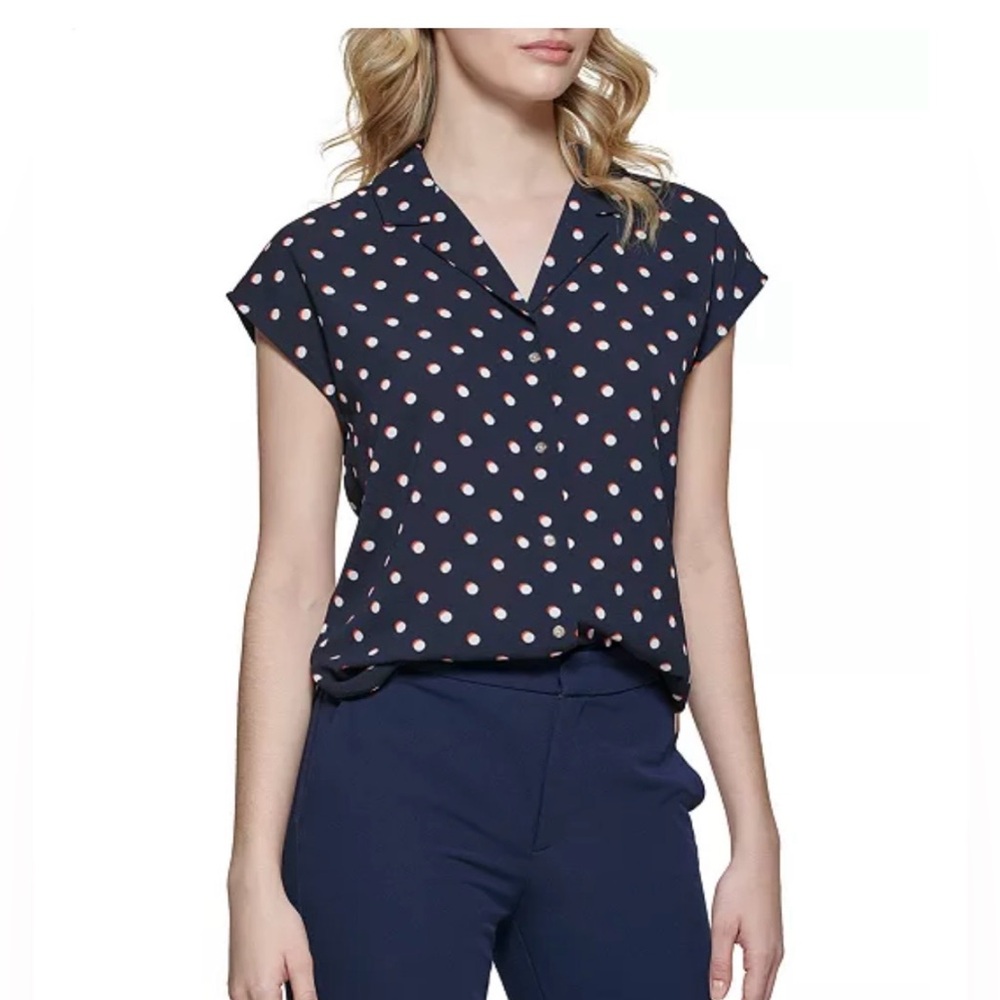 2/$20 - Tommy Hilfiger Navy Polka Dot Office or Formal Top